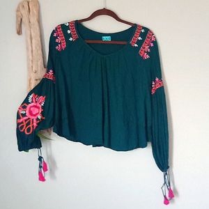 Anthropologie Green Top with Pink Embroidery